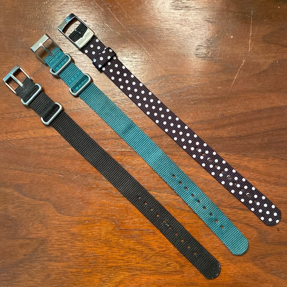 Two 16 mm watch straps for Timex Weekender (one black, one green.)